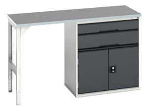 verso pedestal bench with 2 drawers/cbd 800W cab & lino top. WxDxH: 1500x600x930mm. RAL 7035/5010 or selected Verso Pedastal Benches with Drawer / Cupboard Unit